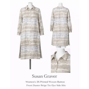 Susan Graver Womens 3X Beige Tie Dye Button Front Duster Side Slit A376591/57